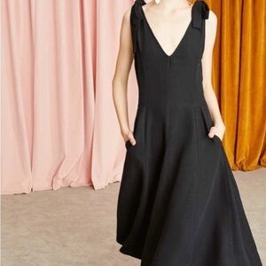 Ulla Johnson Lana Midi Dress Tie Shoulder Accents, Pockets Sz 4 Black Formal